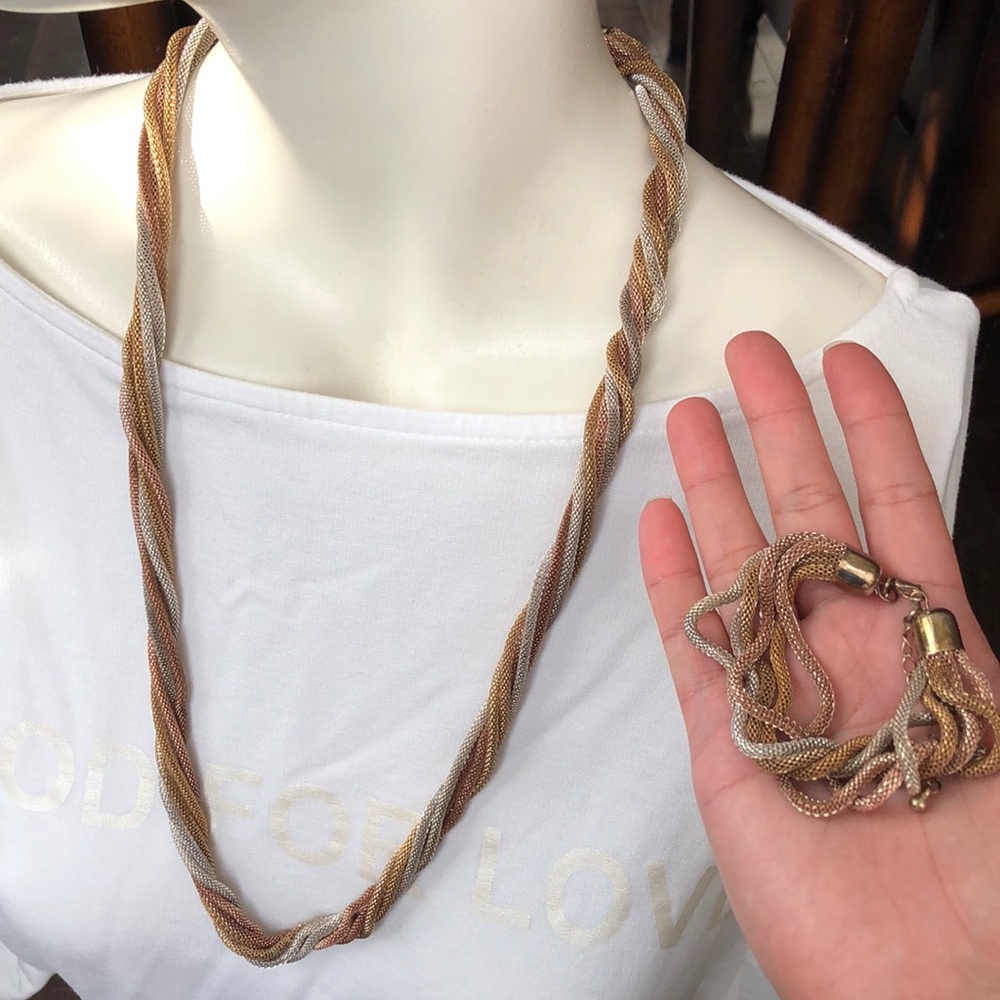 Tri Color Yellow Rose White Goldtone Twist Necklace Bracelet Set Costme Jewelry